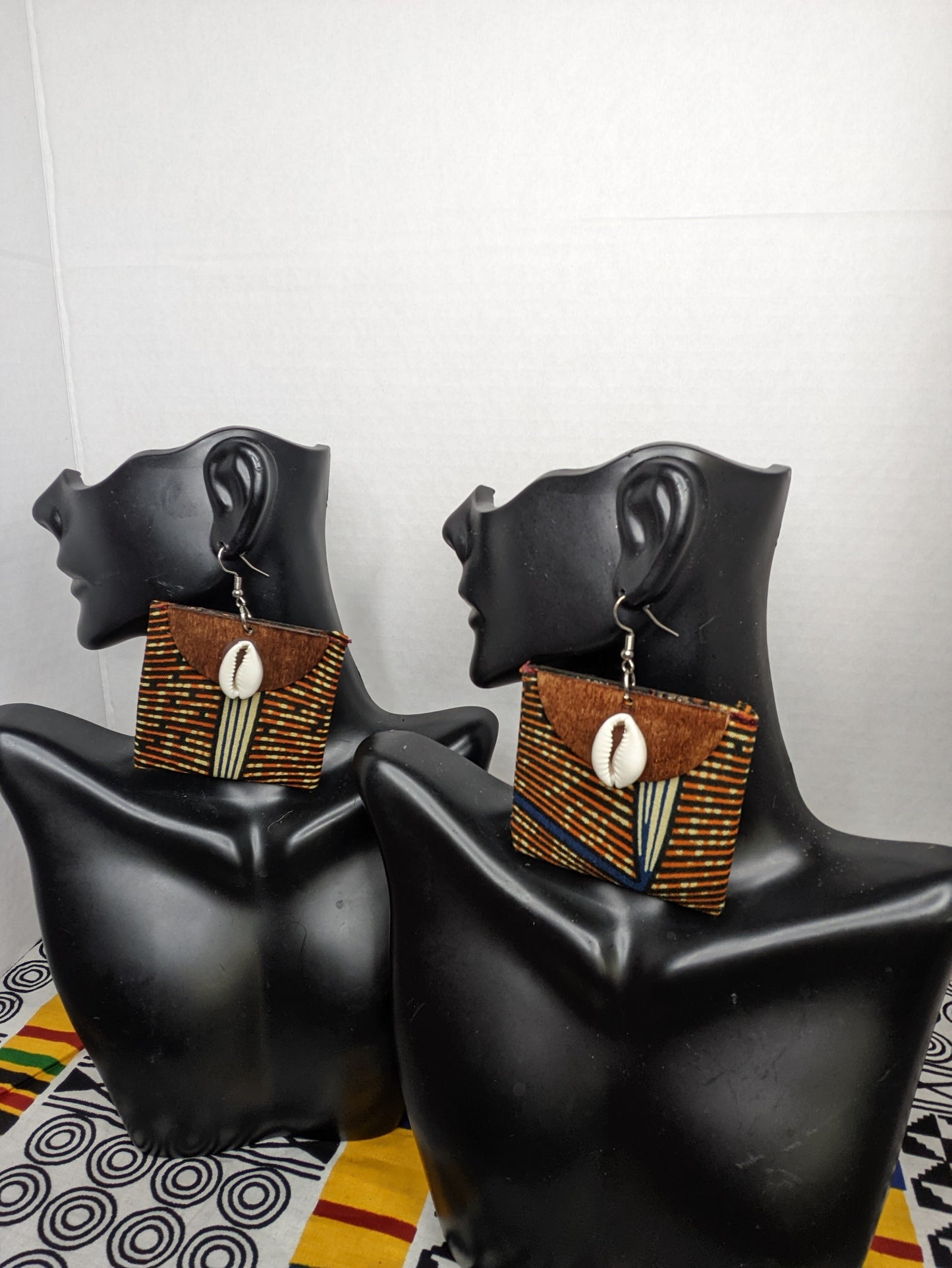 Super lightweight Ankara fabric/wood cowrie shell earrings