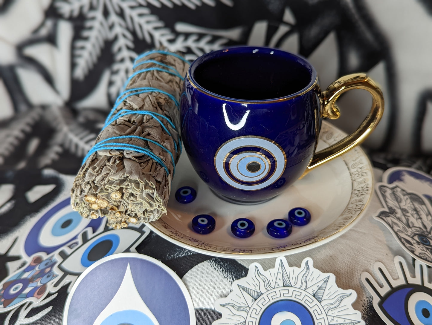 Evil Eye Tea Cup and Saucer Set (blue cup/white saucer)