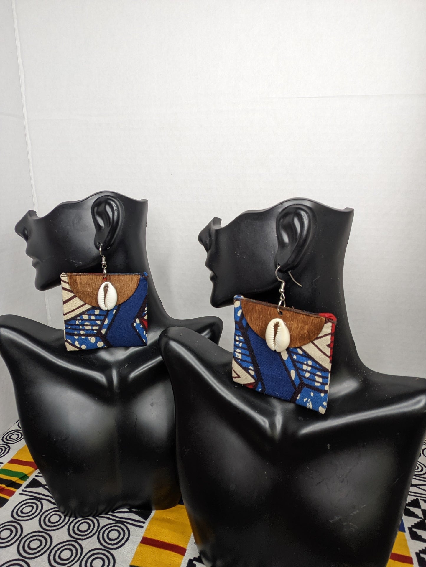 Super lightweight Ankara fabric/wood cowrie shell earrings