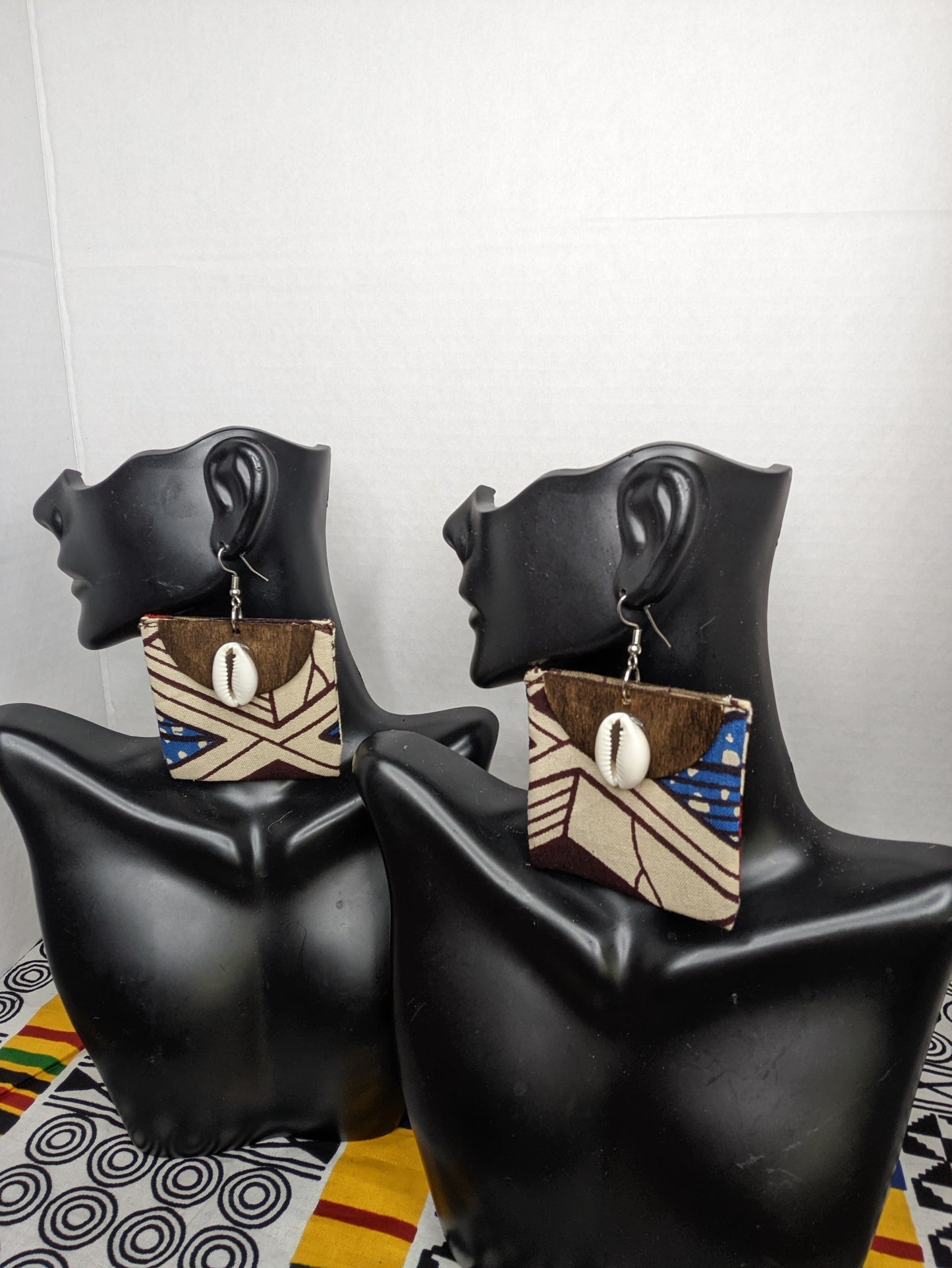 Super lightweight Ankara fabric/wood cowrie shell earrings