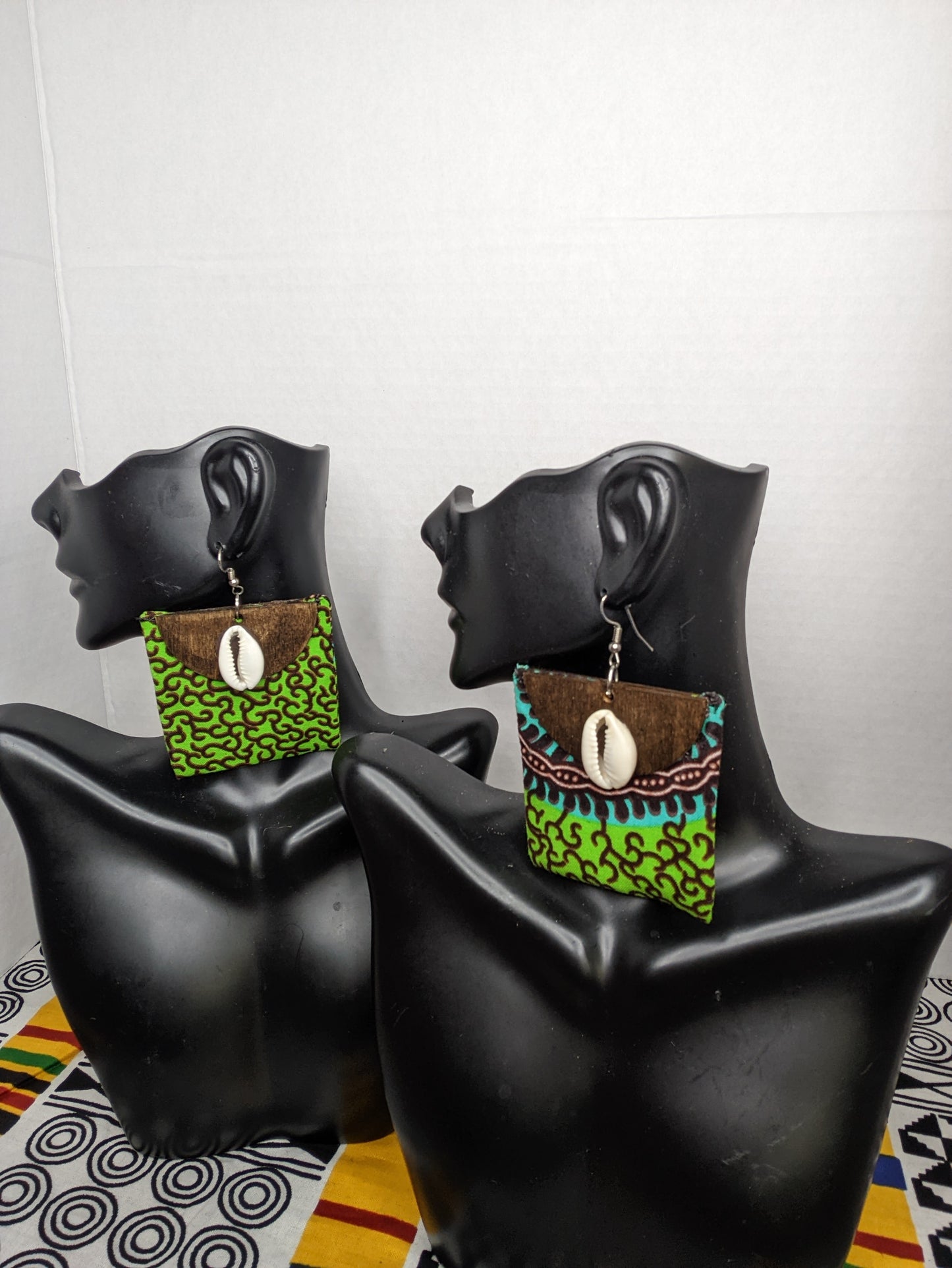 Super lightweight Ankara fabric/wood cowrie shell earrings