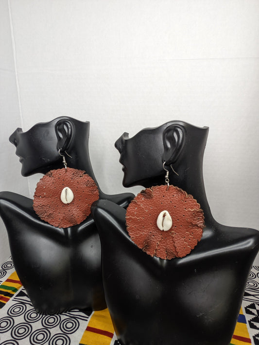 SOLD Leather Flower Earrings with Cowrie Shells