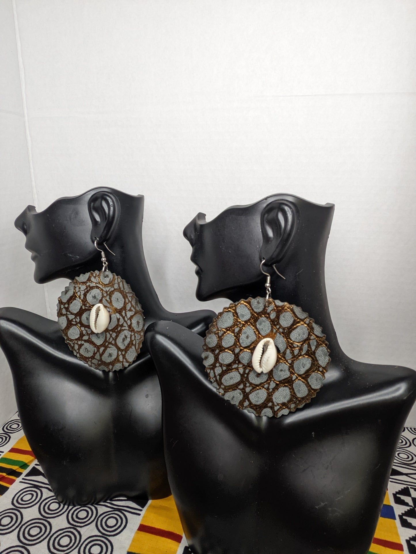 SOLD Leather Flower Earrings with Cowrie Shells