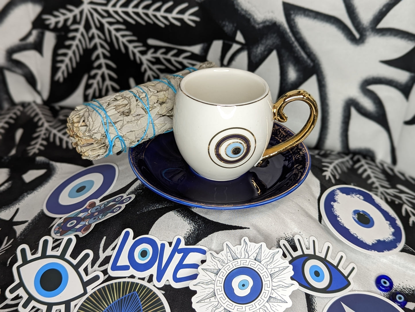 Evil Eye Tea Cup and Saucer Set (white cup/blue saucer)