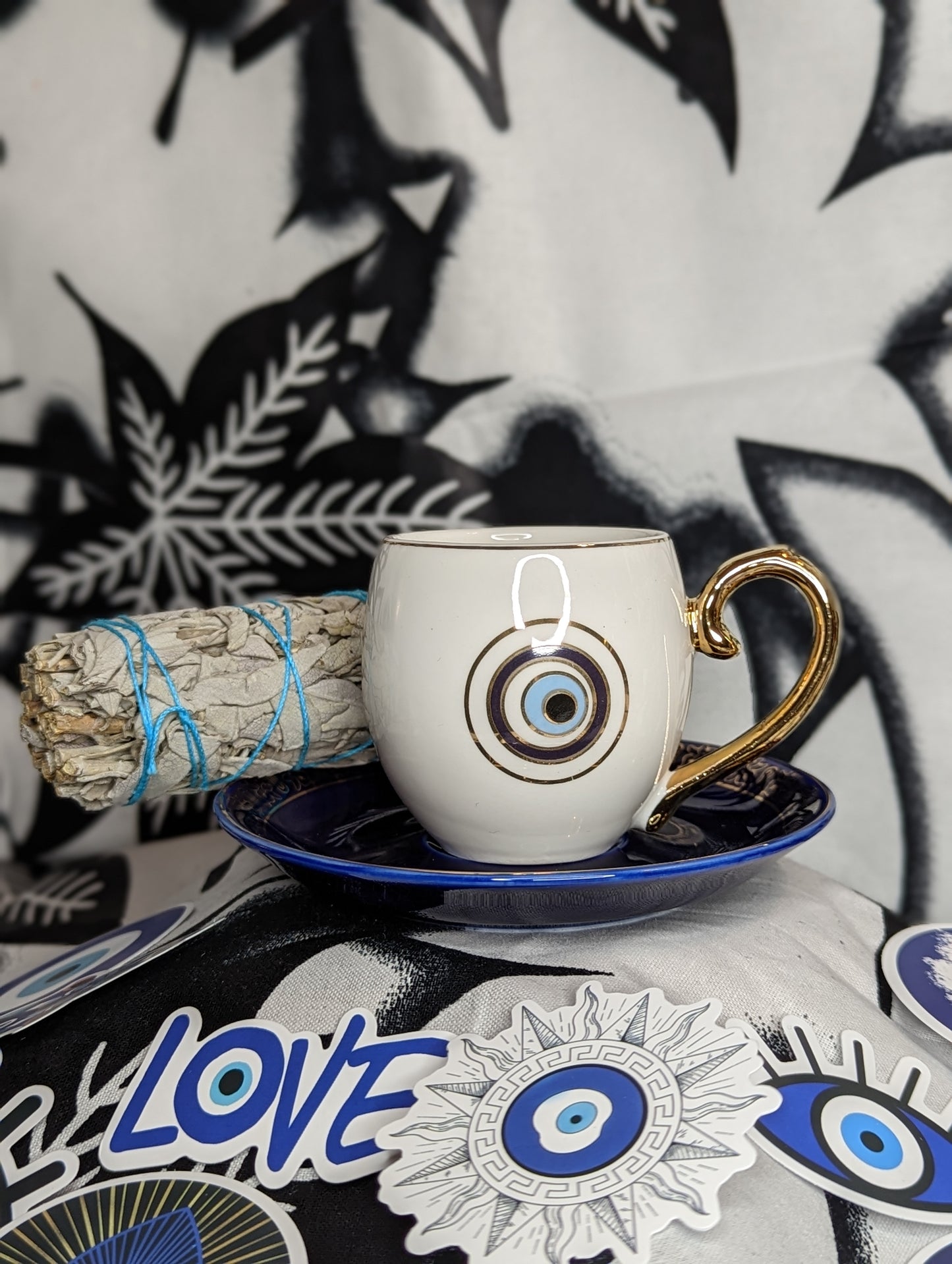 Evil Eye Tea Cup and Saucer Set (white cup/blue saucer)