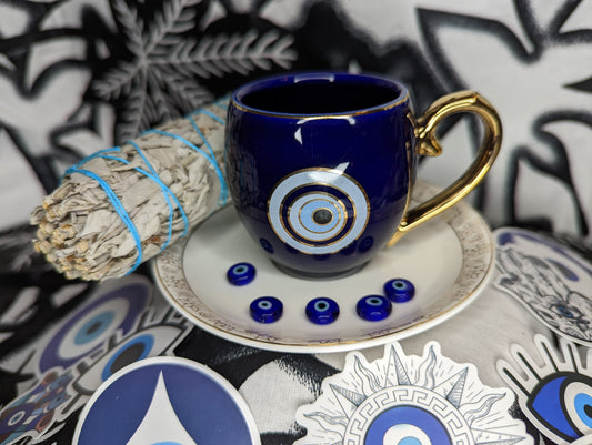 Evil Eye Tea Cup and Saucer Set (blue cup/white saucer)