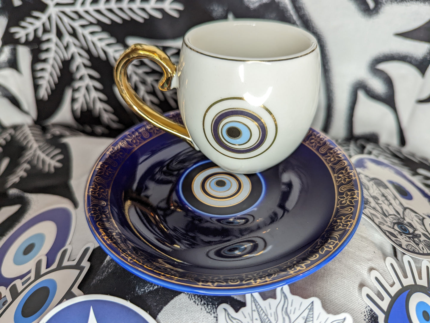 Evil Eye Tea Cup and Saucer Set (white cup/blue saucer)